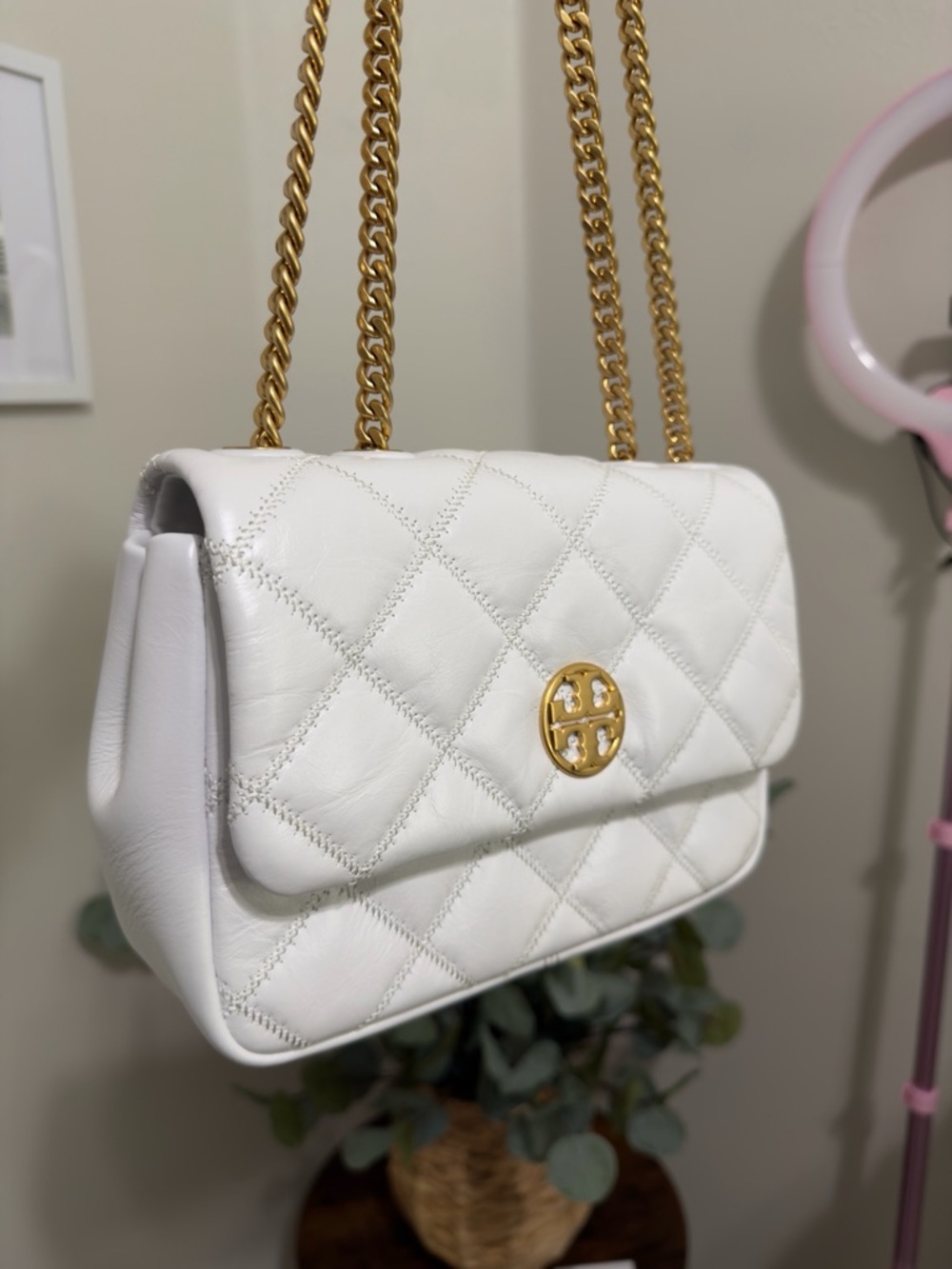 Tory Burch White Willa Shoulder Bag with Gold Chain